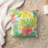 熱帯庭園、ハイビスカスプルメリア、パーム葉 クッション (ブランケット)