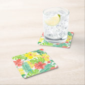 熱帯庭園、ハイビスカスプルメリア、パーム葉 スクエアペーパーコースター (インサイチュ)