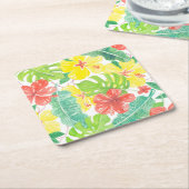 熱帯庭園、ハイビスカスプルメリア、パーム葉 スクエアペーパーコースター (アングル)