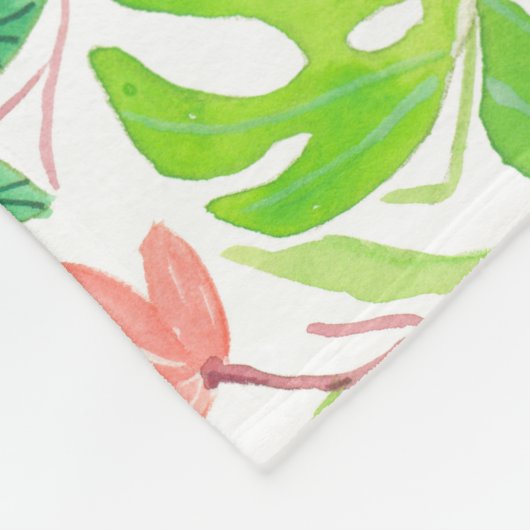 熱帯庭園、ハイビスカスプルメリア、パーム葉 フリースブランケット (角)