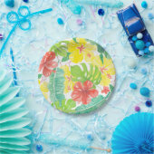 熱帯庭園、ハイビスカスプルメリア、ヤシ葉の ペーパープレート (パーティー)