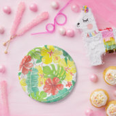 熱帯庭園、ハイビスカスプルメリア、ヤシ葉の ペーパープレート (パーティー)