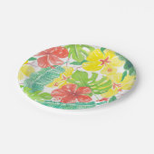 熱帯庭園、ハイビスカスプルメリア、ヤシ葉の ペーパープレート (アングル)
