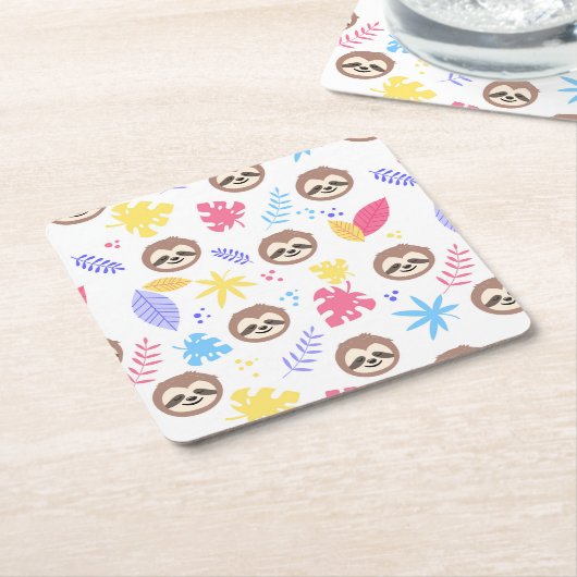 熱帯怠惰及び葉パターン スクエアペーパーコースター (アングル)