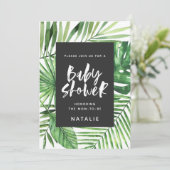 熱帯性のパームリーフとスクリプトのベビーシャワーの招待 セーブザデート (スタンド正面)