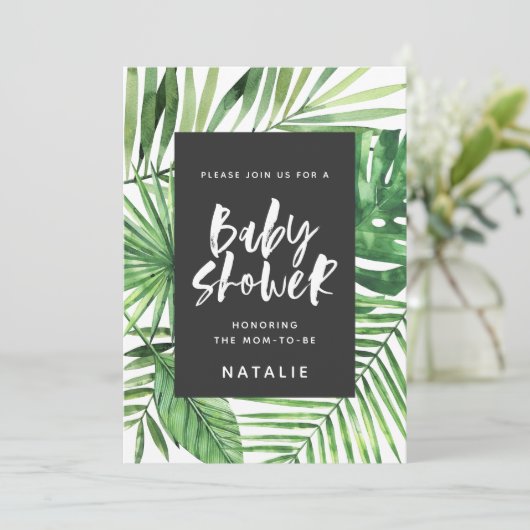 熱帯性のパームリーフとスクリプトのベビーシャワーの招待 セーブザデート (スタンド正面)