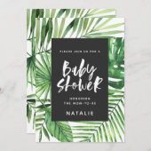 熱帯性のパームリーフとスクリプトのベビーシャワーの招待 セーブザデート (正面/裏面)