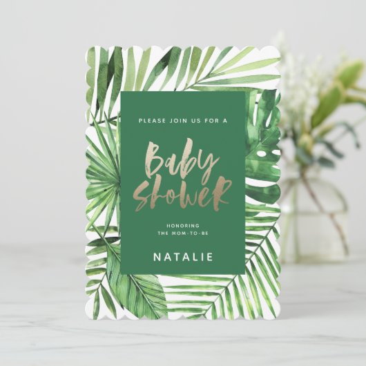 熱帯性のパームリーフとスクリプトのベビーシャワーの招待 セーブザデート (スタンド正面)