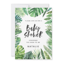 熱帯性のパームリーフとスクリプトのベビーシャワーの招待