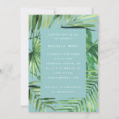 熱帯性のパームリーフとスクリプトのベビーシャワーの招待 セーブザデート (裏面)