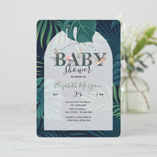 熱帯性のパーム離れのジャングル動物の赤ちゃんシャワー 招待状 (スタンド正面)