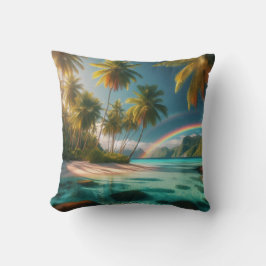 熱帯性のビーチで虹とヤシの木 クッション