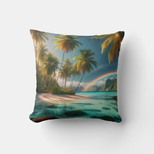 熱帯性のビーチで虹とヤシの木 クッション (正面)
