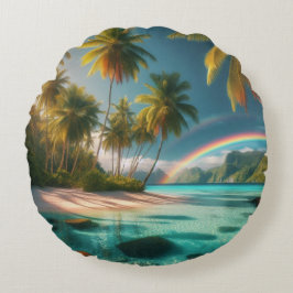 熱帯性のビーチで虹とヤシの木 ラウンドクッション