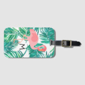 熱帯性のモノグラムのピンクのフラミンゴ葉の上 ラゲッジタグ (正面横)