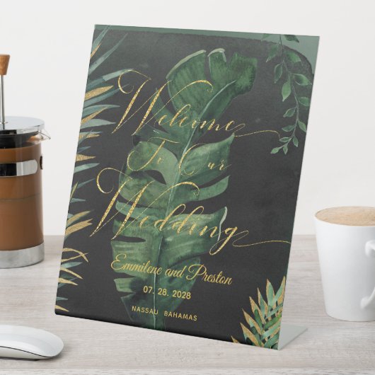 熱帯性のヤシが我々の手に結婚歓迎 台座サイン (インサイチュ)