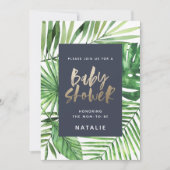 熱帯性のヤシと金ゴールドスクリプトのベビーシャワー招待状 セーブザデート (正面)