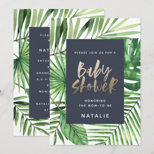 熱帯性のヤシと金ゴールドスクリプトのベビーシャワー招待状 セーブザデート (正面/裏面)