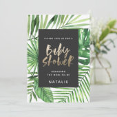 熱帯性のヤシと金ゴールドスクリプトのベビーシャワー招待状 セーブザデート (スタンド正面)