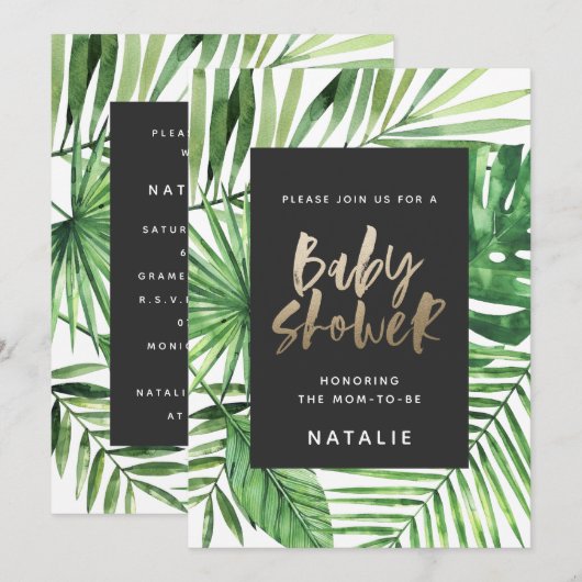 熱帯性のヤシと金ゴールドスクリプトのベビーシャワー招待状 セーブザデート (正面/裏面)