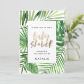 熱帯性のヤシと金ゴールドスクリプトのベビーシャワー招待状 セーブザデート (スタンド正面)