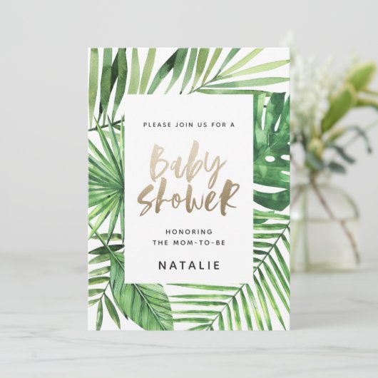 熱帯性のヤシと金ゴールドスクリプトのベビーシャワー招待状 セーブザデート (スタンド正面)