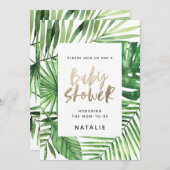熱帯性のヤシと金ゴールドスクリプトのベビーシャワー招待状 セーブザデート (正面/裏面)