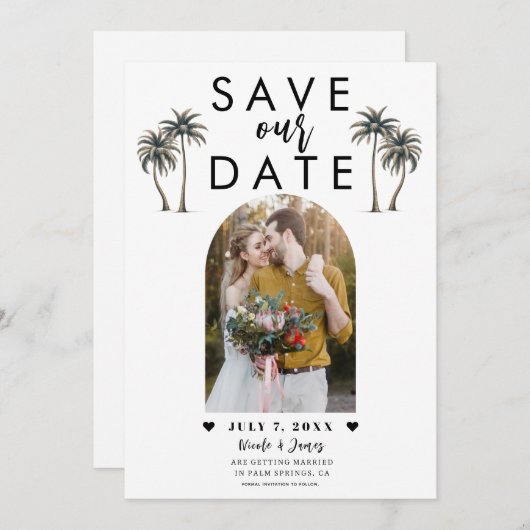 熱帯性のヤシの木の写真の結婚式の日付を保存 招待状 (正面/裏面)