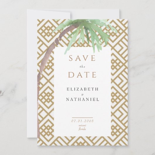 熱帯性のヤシの木の幾何学的な日付の入力を保存 招待状 (正面)