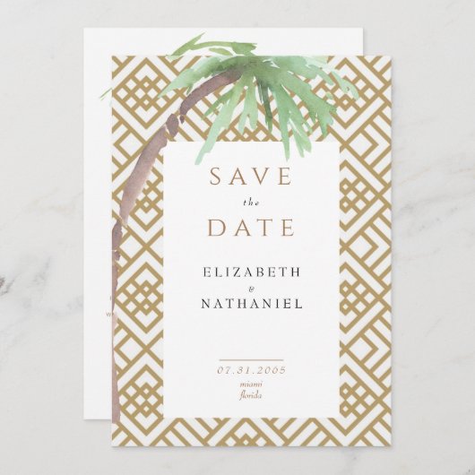 熱帯性のヤシの木の幾何学的な日付の入力を保存 招待状 (正面/裏面)