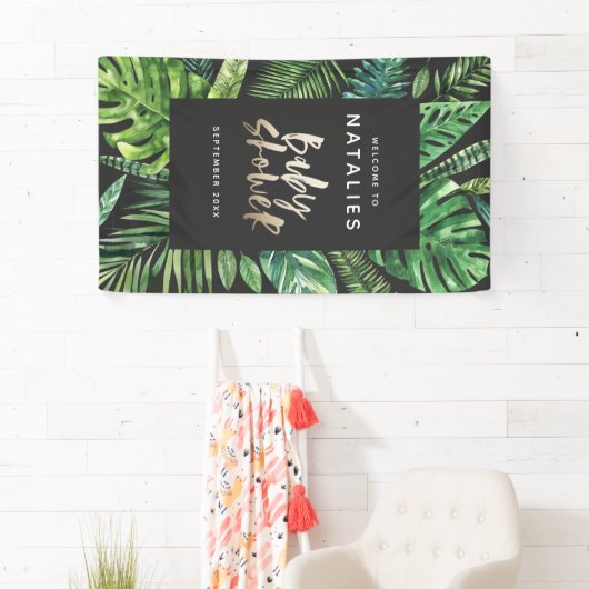 熱帯性のヤシの葉とスクリプトのベビーシャワー 横断幕 (インサイチュ)