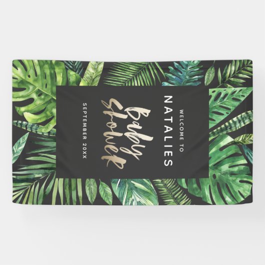 熱帯性のヤシの葉とスクリプトのベビーシャワー 横断幕 (横)