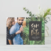 熱帯性のヤシの葉と金ゴールドの葉の写真 セーブザデート (スタンド正面)