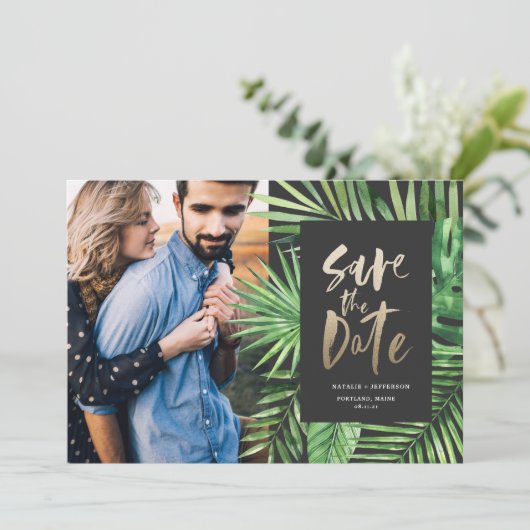 熱帯性のヤシの葉と金ゴールドの葉の写真 セーブザデート (スタンド正面)