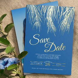 熱帯性のヤシの葉は、日付の青い金ゴールドを保存する 箔招待状