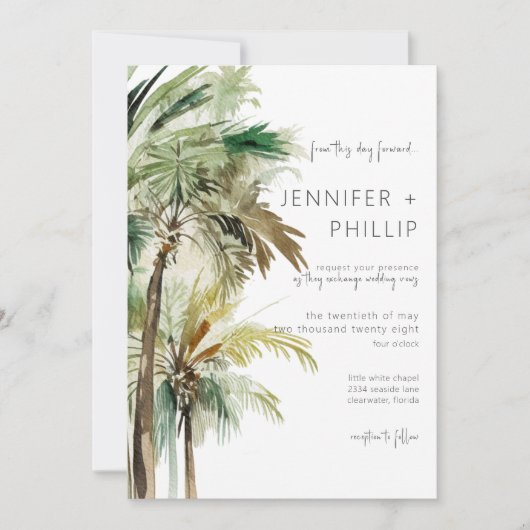 熱帯性のヤシモダンの木のテクスチ結婚ャ 招待状 (正面)
