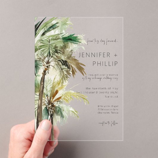 熱帯性のヤシモダン結婚の木 アクリル招待状 (インサイチュ (ポータブル))