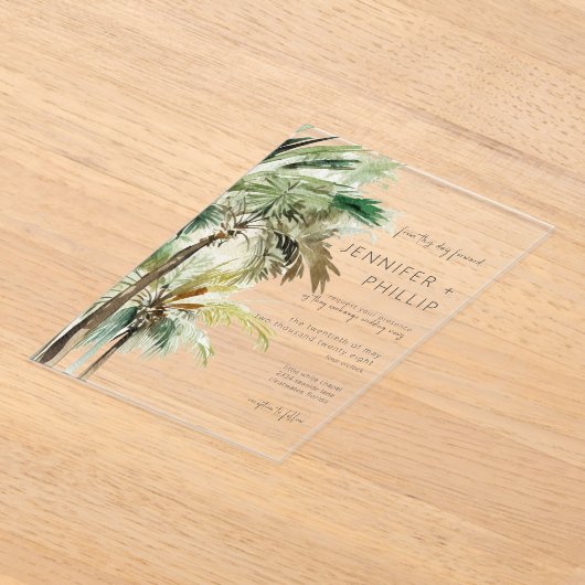 熱帯性のヤシモダン結婚の木 アクリル招待状 (レイダウン)
