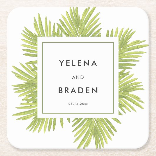 熱帯性のヤシ結婚の木 スクエアペーパーコースター (正面)