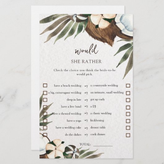 熱帯性の彼女は、むしろブライダルシャワーのゲームカード (正面/裏面)