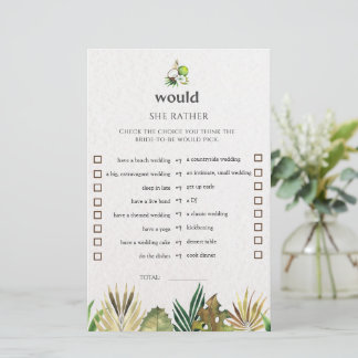 熱帯性の彼女は、むしろブライダルシャワーのゲームカード