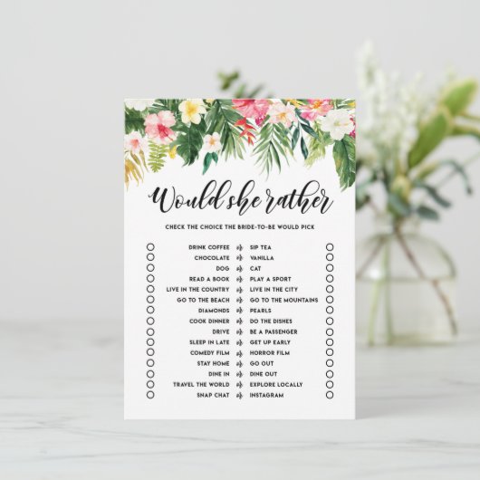 熱帯性の彼女は、むしろブライダルシャワーのゲームカード エンクロージャーカード (スタンド正面)