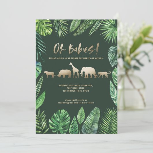 熱帯性の葉と金ゴールド動物の双子の赤ちゃんシャワー (スタンド正面)