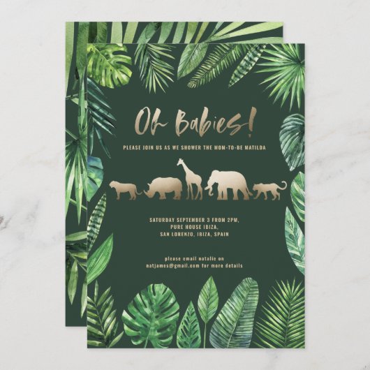 熱帯性の葉と金ゴールド動物の双子の赤ちゃんシャワー (正面/裏面)