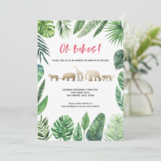 熱帯性の葉と金ゴールド動物の双子の赤ちゃんシャワー (スタンド正面)