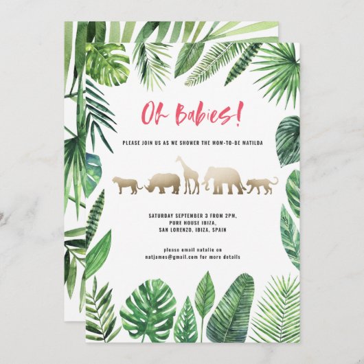 熱帯性の葉と金ゴールド動物の双子の赤ちゃんシャワー (正面/裏面)