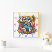 熱帯性の雰囲気でスケートボードで猫とパーティー スクエア壁時計 (ホーム)