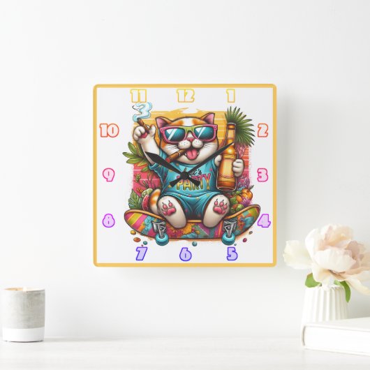 熱帯性の雰囲気でスケートボードで猫とパーティー スクエア壁時計 (ホーム)