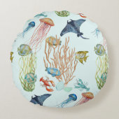 熱帯性クラゲの珊瑚と魚の丸い枕 ラウンドクッション (正面)
