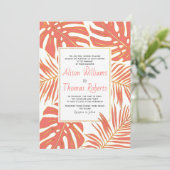熱帯性コーラルモンステラ葉とパーム結婚ズの 招待状 (スタンド正面)